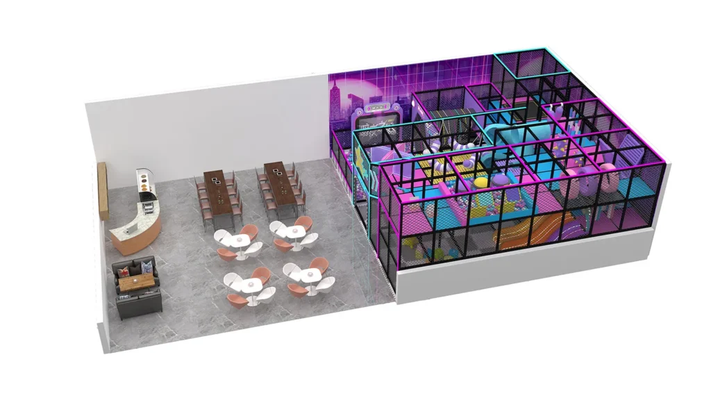 3D overall view of a compact 100 sqm neon magic theme commercial indoor playground designed for 5m ceilings, featuring a spacious cafe seating area, trampoline zone, and soft play maze.