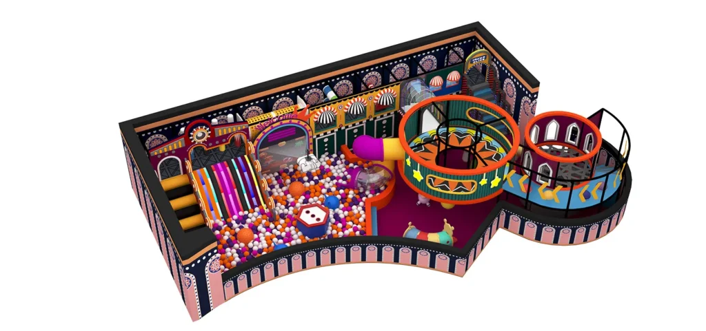3D overall view of a 100 sqm vintage carnival theme commercial indoor playground designed for 3m ceilings, featuring a colorful rainbow slide, ball pit, and ornate retro play structures.
