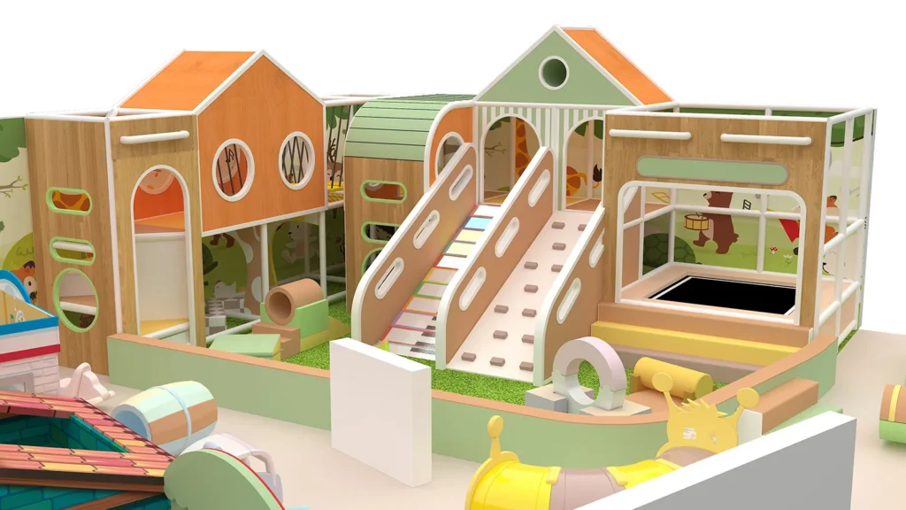 3D overall view of a 104 sqm wooden nature theme commercial indoor playground designed for 4m ceilings, featuring a custom playhouse, a piano slide, and a mini trampoline.