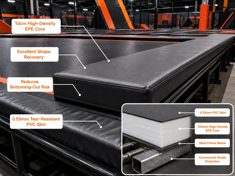Commercial trampoline park safety padding with 10cm high-density EPE core, 0.55mm tear-resistant PVC skin, and steel frame protection below.