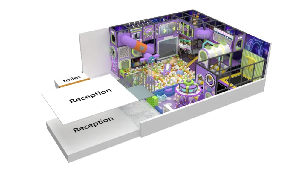3D overall view of a compact 113 sqm purple space theme commercial indoor playground designed for 4.2m ceilings, featuring a reception area, a UFO carousel, and a double-level soft play maze.