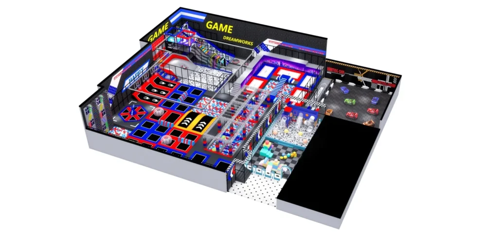 3D overall view of a massive 1200 sqm cyberpunk arcade theme trampoline park designed for 8m ceilings, featuring a large jumping zone, multi-level soft play, and an indoor go-kart track.