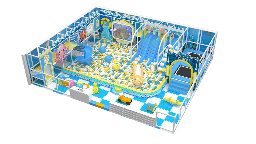 3D overall view of a 120 sqm ocean theme commercial indoor playground with a large ball pit.