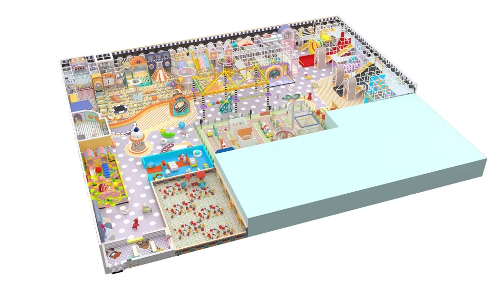 3D overall view of a massive 1411 sqm pastel theme commercial indoor playground designed for 5m ceilings, featuring an overhead sky rider, a trampoline park, and a role-play town.