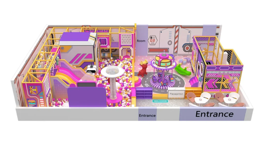 3D overall view of a 141 sqm pastel space theme commercial indoor playground designed for 3m ceilings, featuring a dedicated entrance with cafe seating, a UFO carousel, and a large ball pit.