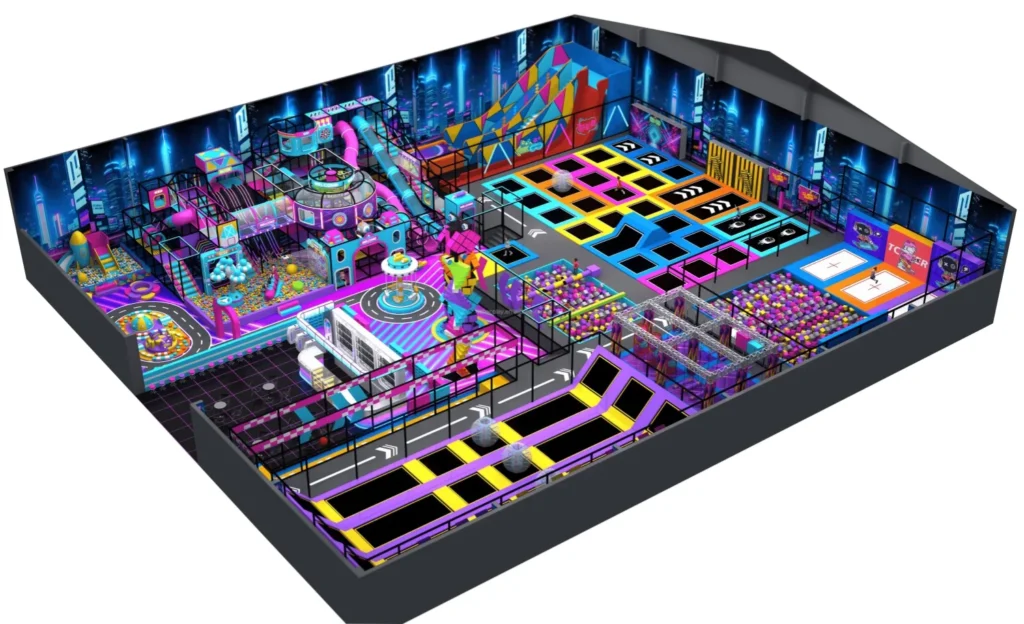 3D overall view of a 1440 sqm turnkey indoor playground and trampoline park.