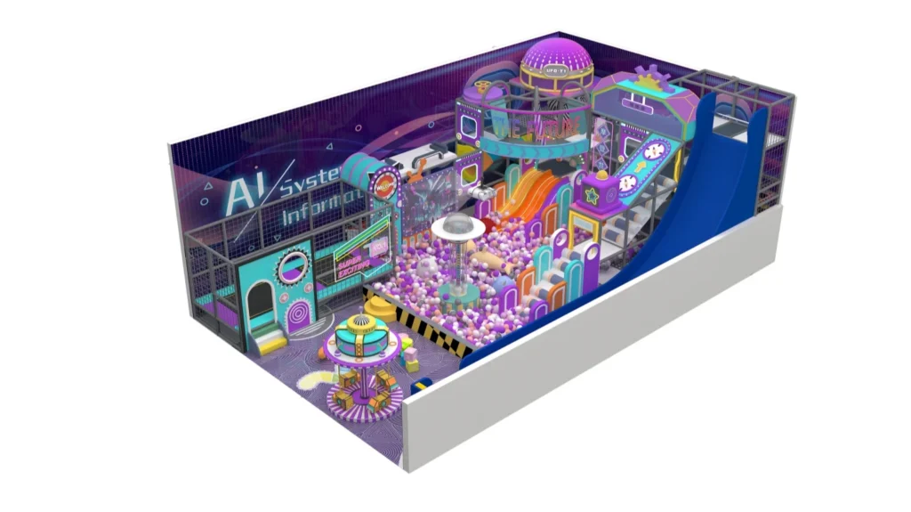 3D overall view of a 148 sqm sci-fi theme commercial indoor playground designed for 6m ceilings, featuring a towering giant blue slide, a UFO carousel, and a vibrant ball pit.