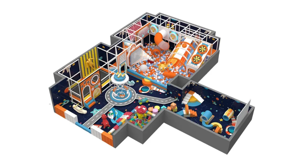 3D overall view of a 160 sqm space theme commercial indoor playground with a large ball pit.
