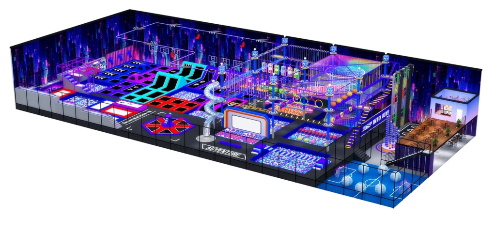 3D overall view of an 1800 sqm cyberpunk theme commercial trampoline park with a high ropes course.