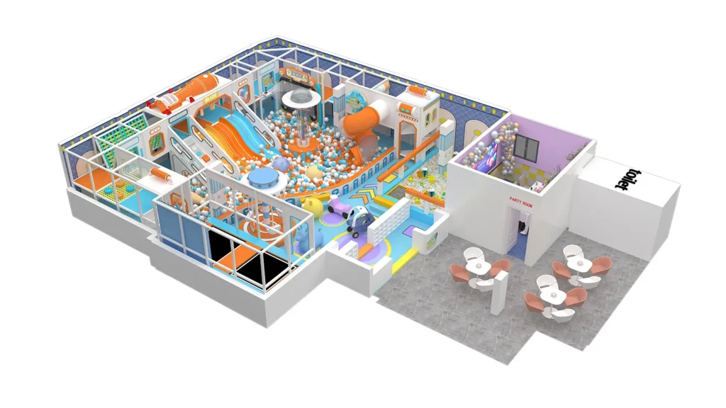 3D overall view of a 191 sqm pastel space theme commercial indoor playground designed for 3.5m ceilings, featuring a dedicated birthday party room, cafe seating, and a large ball pit.