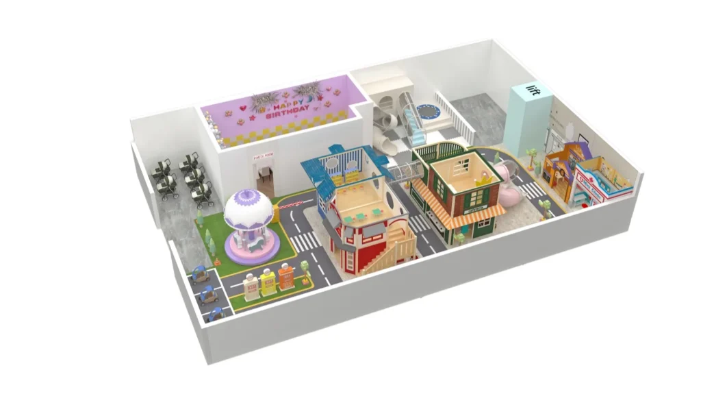 3D overall view of a 200 sqm role-play theme commercial indoor playground designed for 4.88m ceilings, featuring a realistic mini town, a driving track, and a dedicated birthday party room.