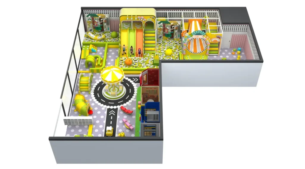 3D left angle view of a 208 sqm custom indoor playground for shopping malls, featuring slides, a large ball pit, and a mini carousel