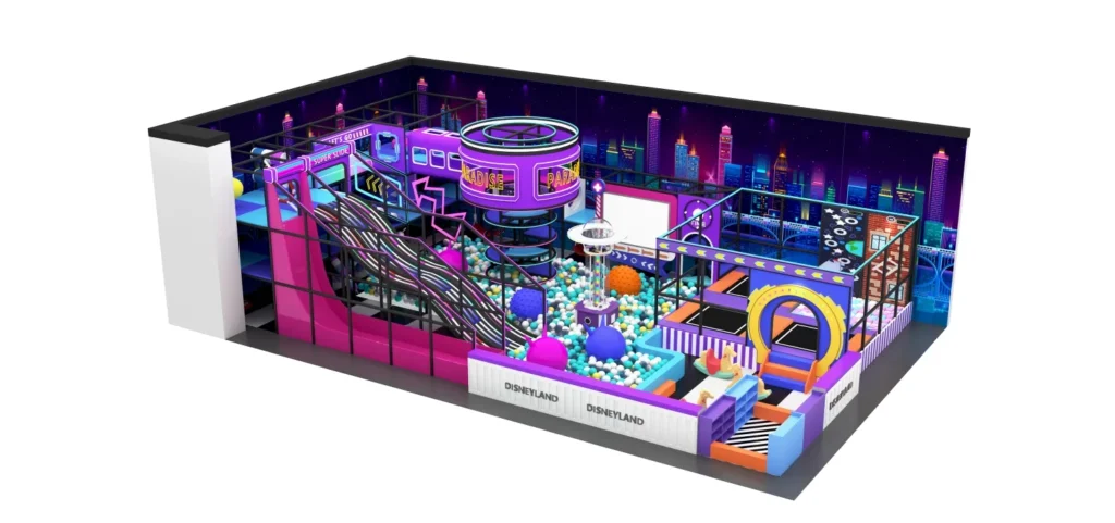 3D overall view of a 210 sqm cyberpunk theme commercial indoor playground with a super slide.