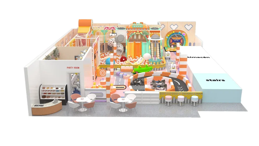 3D overall view of a 220 sqm pastel theme commercial indoor playground for 3m ceilings, featuring a dedicated birthday party room, cafe reception, and a mini go-kart track.