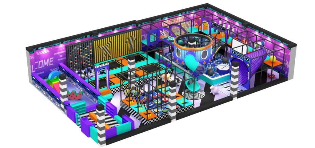 3D overall view of a 230 sqm neon theme commercial indoor playground for shopping malls.
