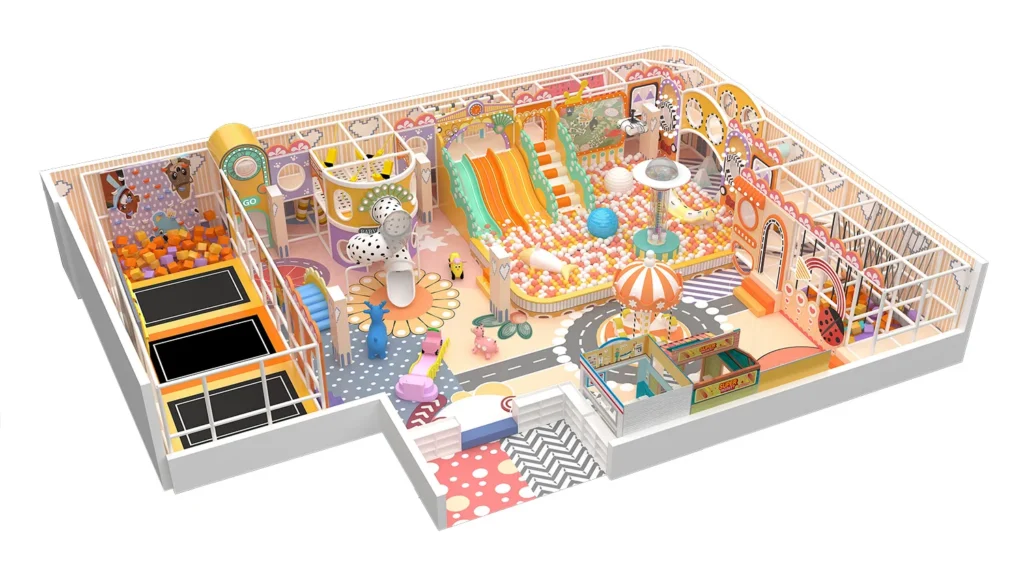 3D overall view of a 238 sqm pastel theme commercial indoor playground designed for 3.35m ceilings, featuring a role-play town with a mini clinic and supermarket, a carousel, and a large ball pit.