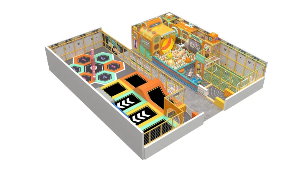 3D overall view of a 254 sqm futuristic sports indoor playground designed for 5m ceilings, featuring a hexagon wipeout trampoline zone on the left and a space capsule soft play with a football pitch on the right.