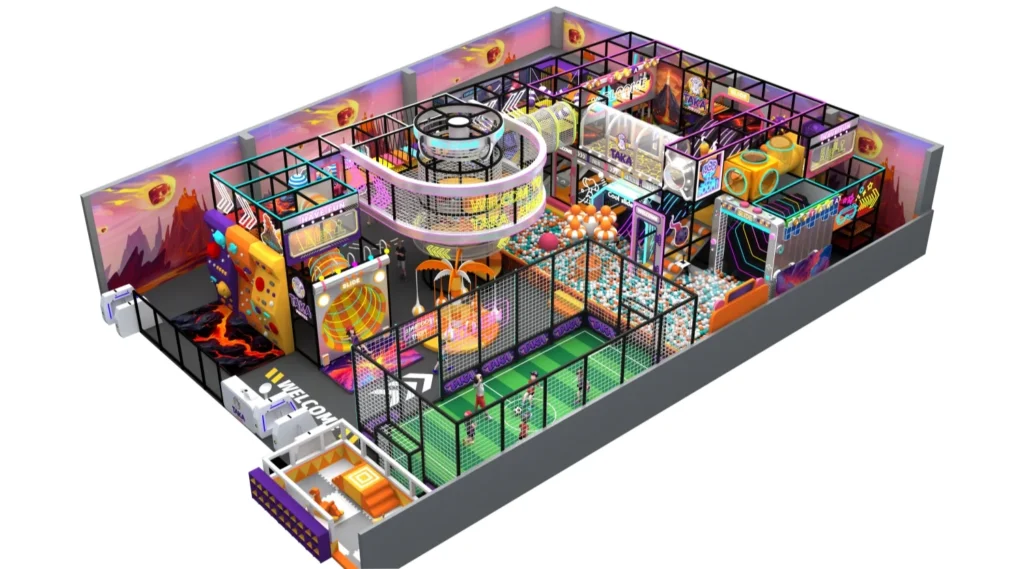 3D overall view of a 317 sqm volcano theme commercial indoor playground for tourist resorts.