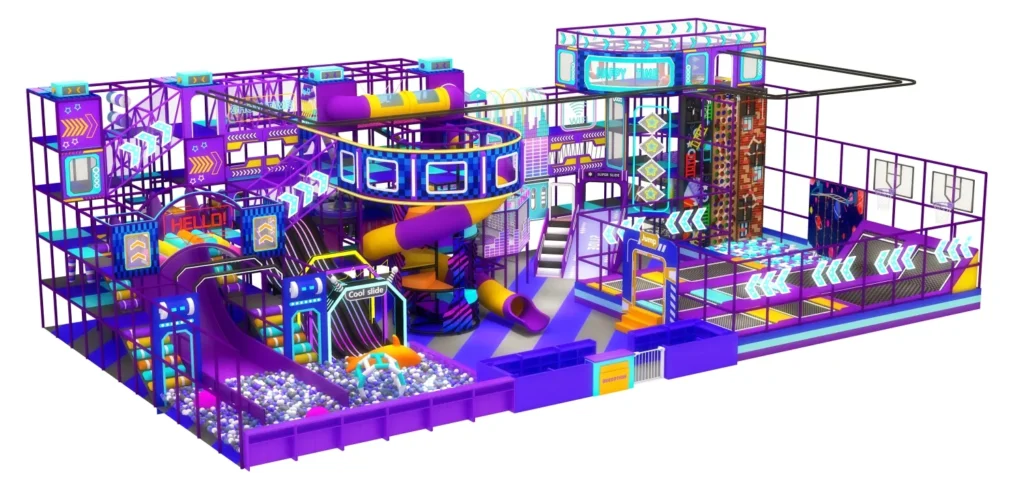 3D overall view of a 324 sqm neon theme commercial indoor playground with an 8m high structure.