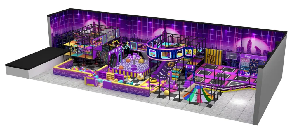 3D overall view of a 340 sqm cyberpunk theme commercial indoor playground designed for 4.8m ceilings, featuring a neon trampoline zone, a rock climbing wall, and a multi-level soft play maze with a retro checkerboard floor.