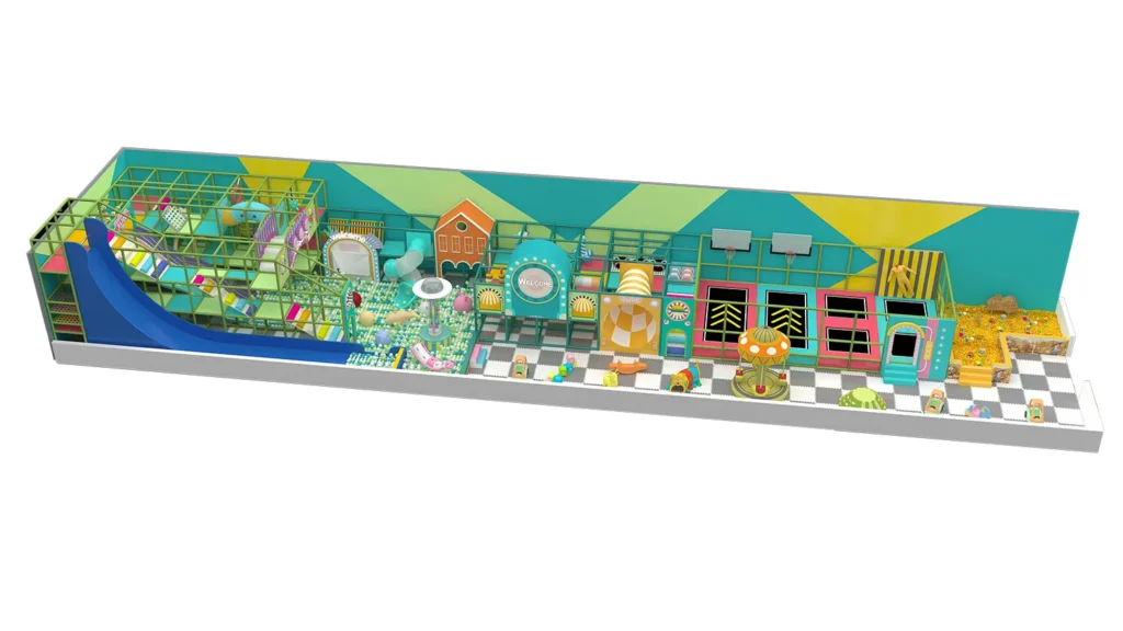 3D overall view of a 352 sqm pastel theme commercial indoor playground designed for tall 7m ceilings, featuring a multi-level soft play maze, trampoline zone, and toddler sand pit.