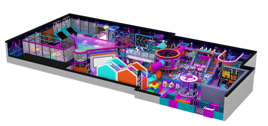 3D overall view of a 416 sqm neon theme commercial indoor playground for low ceilings.