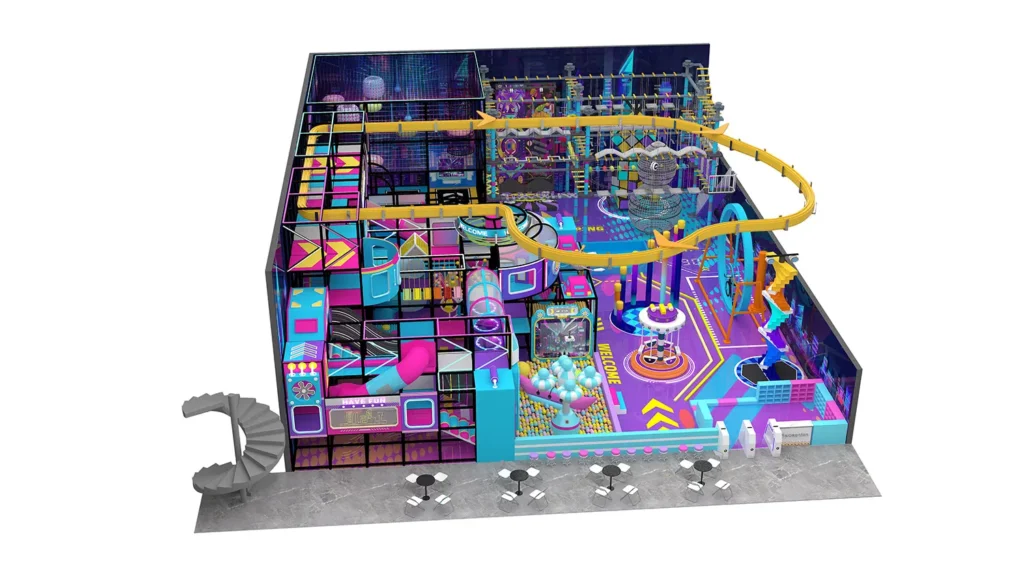 3D overall view of a 437 sqm cyberpunk theme commercial indoor playground designed for massive 8m ceilings, featuring a thrilling yellow overhead sky rider, a towering soft play maze, and a vibrant ball pit.