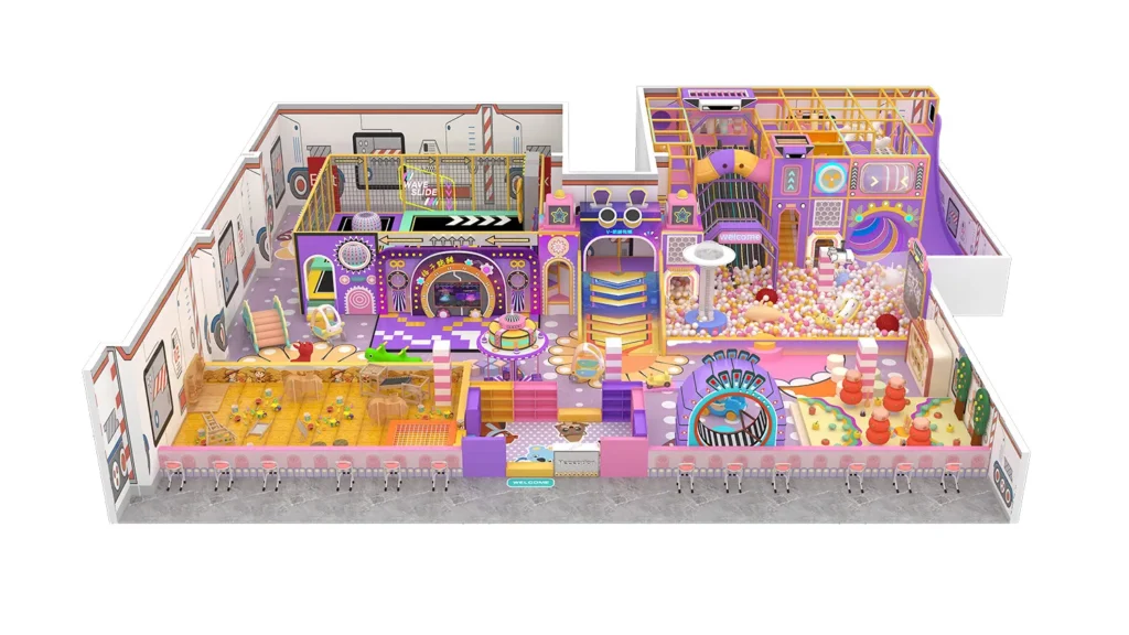 3D overall view of a 442 sqm pastel theme commercial indoor playground designed for 5m ceilings, featuring a toddler sand pit, a wave slide, and a large ball pit.