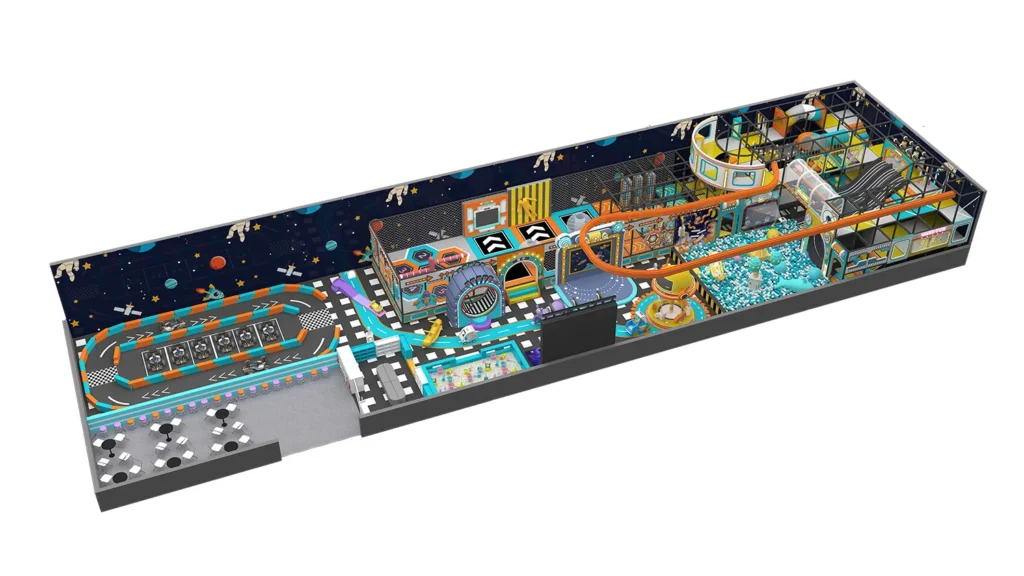 3D overall view of a long rectangular 490 sqm space theme commercial indoor playground designed for 4.5m ceilings, featuring a go-kart track, hexagon wipeout trampoline, and soft play maze.