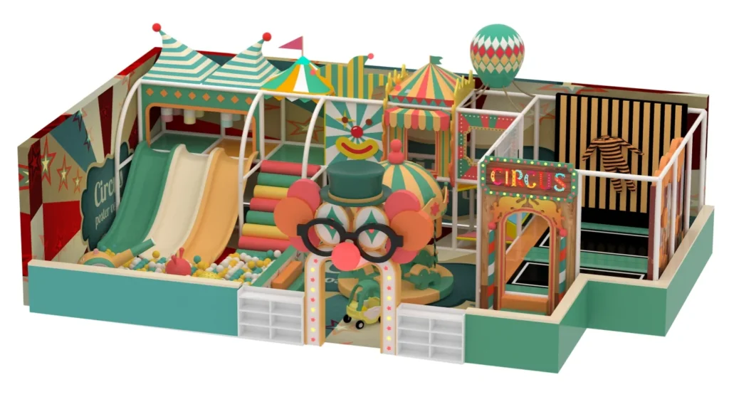3D overall view of a 90 sqm circus theme commercial indoor playground with a clown entrance.