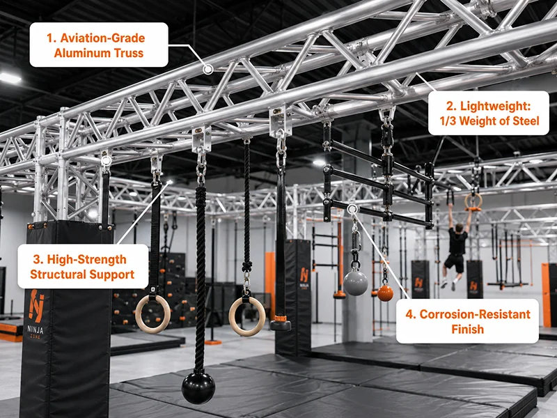 Aviation-grade aluminum truss used in an indoor ninja course, showing lightweight high-strength structural support, suspended obstacles, and corrosion-resistant finish.