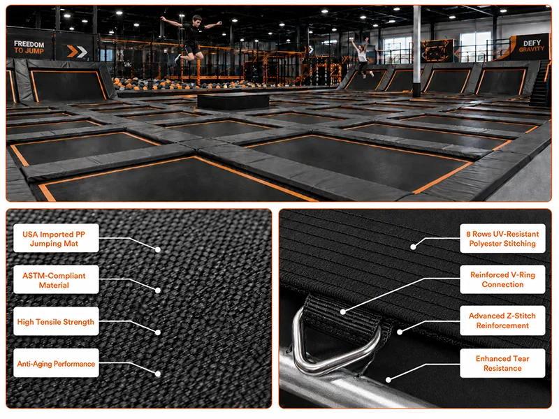 Commercial trampoline park with high-strength PP jumping mats, showing woven surface texture, 8 rows of stitching, reinforced V-ring connection, and Z-stitch reinforcement.