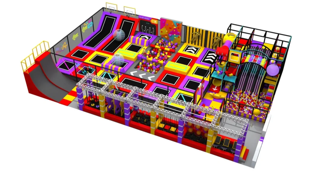 3D overall view of a custom commercial trampoline park and indoor playground featuring a ninja course and dodgeball zone.