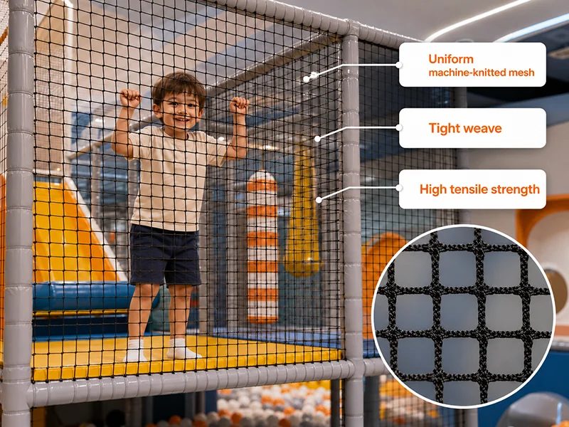 Child playing behind high-tensile safety netting in an indoor playground, showing uniform machine-knitted mesh, tight weave, and high tensile strength.