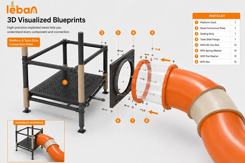 3D installation blueprint for an indoor playground platform and tube slide connection