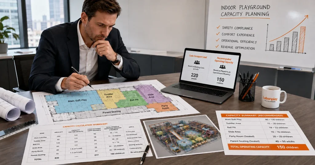 FEC investor reviewing an indoor playground capacity plan with zoning layout and capacity calculation worksheet