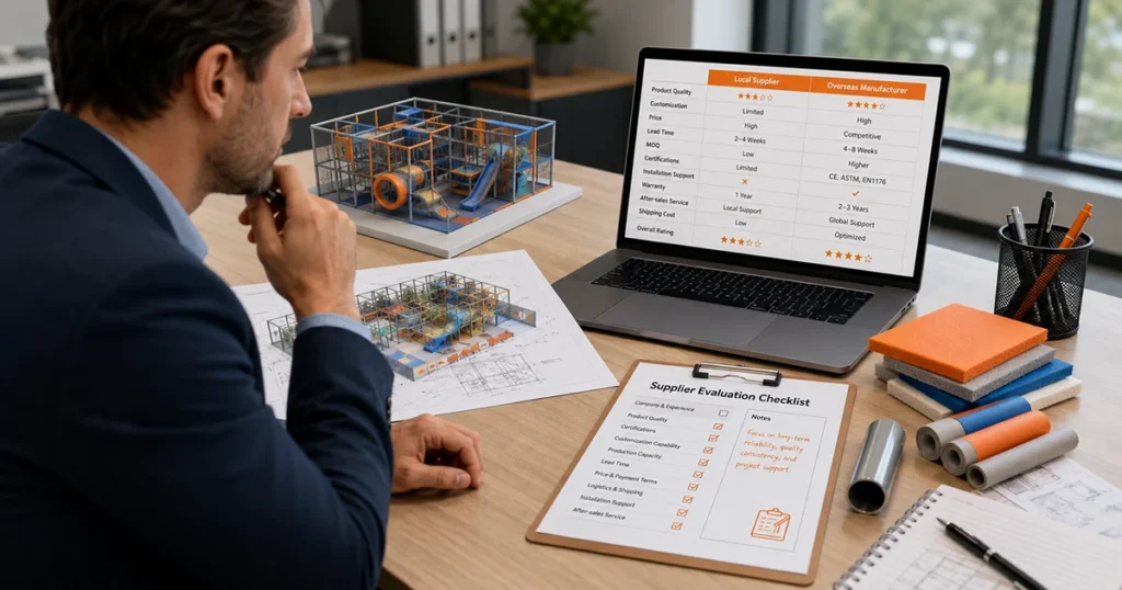 FEC investor comparing indoor playground equipment suppliers with 3D layout, material samples, and a supplier evaluation checklist