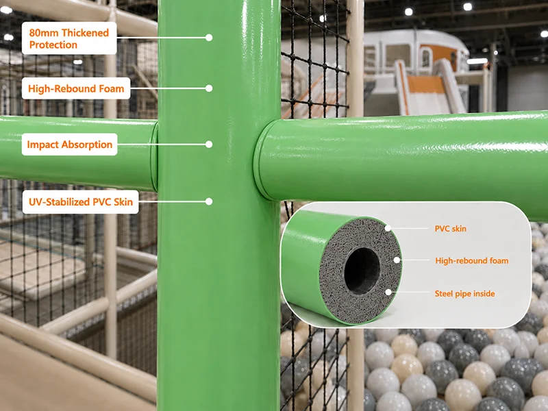 Green high-rebound foam pipe protection for indoor playground frames, featuring 80mm thickened padding, UV-stabilized PVC skin, and steel pipe inside.