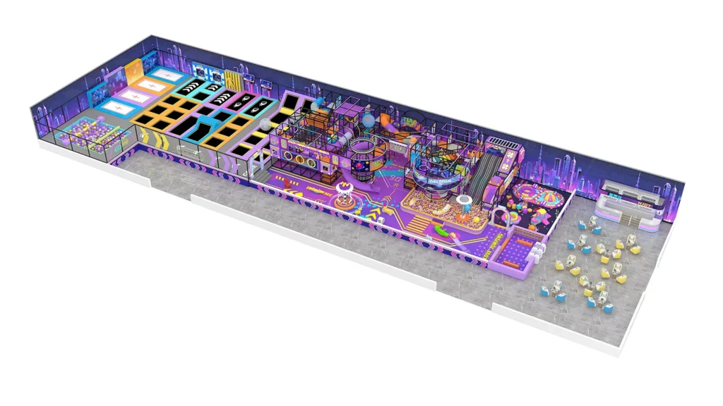 Detailed perspective of a turnkey neon theme indoor play center, showcasing a sprawling soft play structure with spiral slides, a vibrant ball pit, and a large cafe seating zone.
