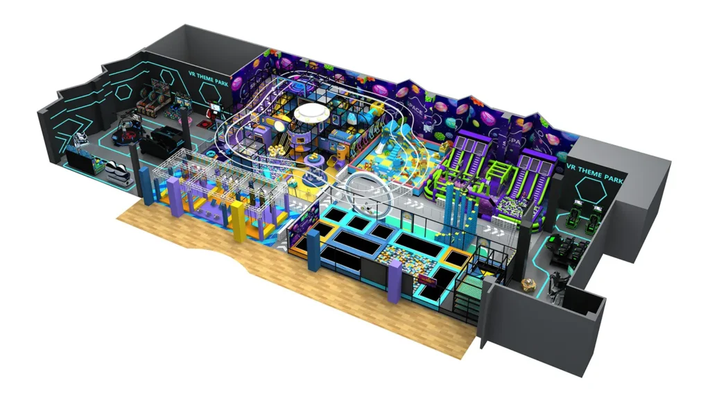 3D overall view of a commercial space theme play center with VR arcade and trampolines.