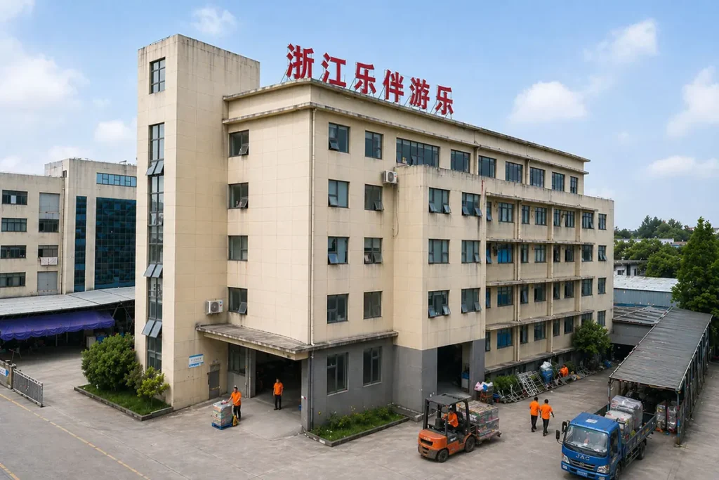 The exterior of Leban Play's large-scale manufacturing facility for commercial indoor playground equipment, showcasing our direct factory production and global shipping capabilities.
