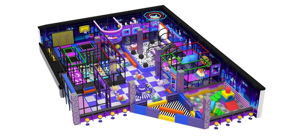 Detailed perspective of a turnkey neon theme soft play center, showcasing interactive trampolines, climbing challenges, and high-contrast purple and blue play equipment.