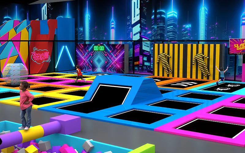 Children enjoying a high-energy trampoline park with obstacle courses, interactive zones, and sports challenges, suitable for family and teen visitors.