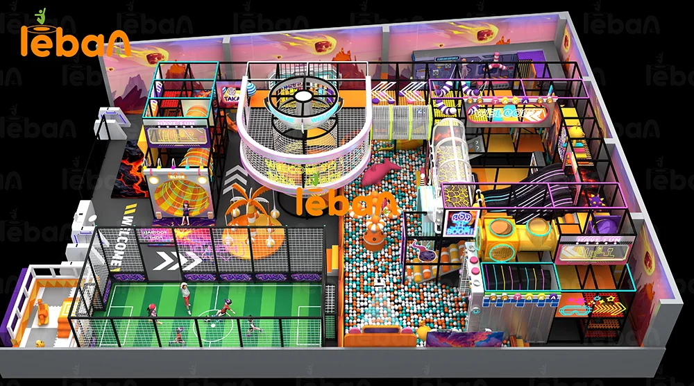 3D design overview of a 318 sqm futuristic indoor playground in Alicante, Spain, featuring a fiberglass light slide, football field, interactive trampoline, climbing wall, and challenge game wall.