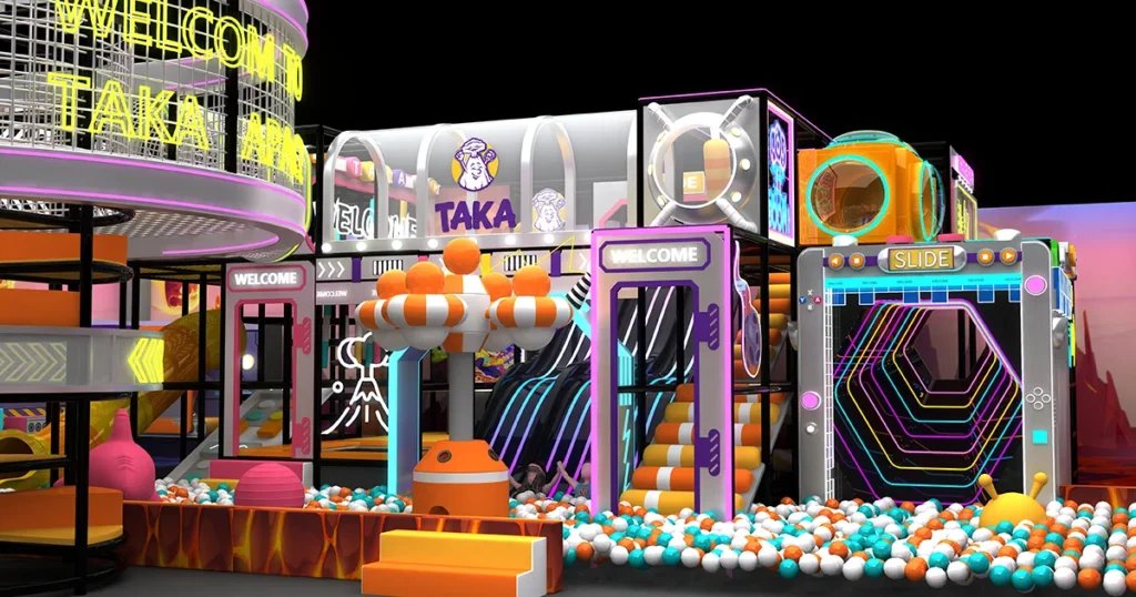3D rendering of a futuristic indoor playground in Alicante, Spain, featuring an illuminated slide, ball pit, multi-level play structure, and interactive play equipment.