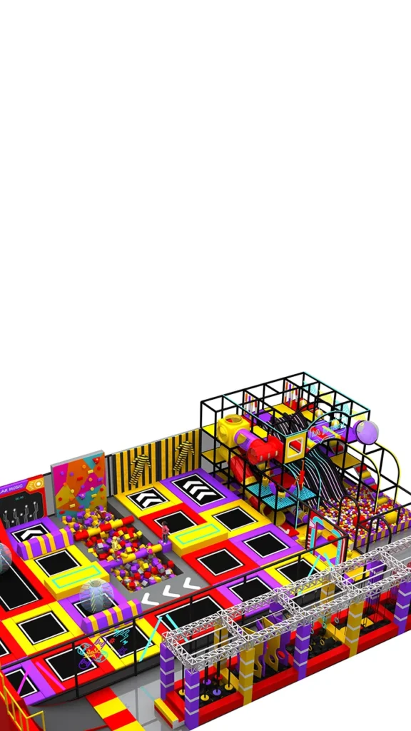 3D design of a commercial trampoline park with ninja course, basketball dunk zone, climbing wall, ball pit, and indoor playground structure