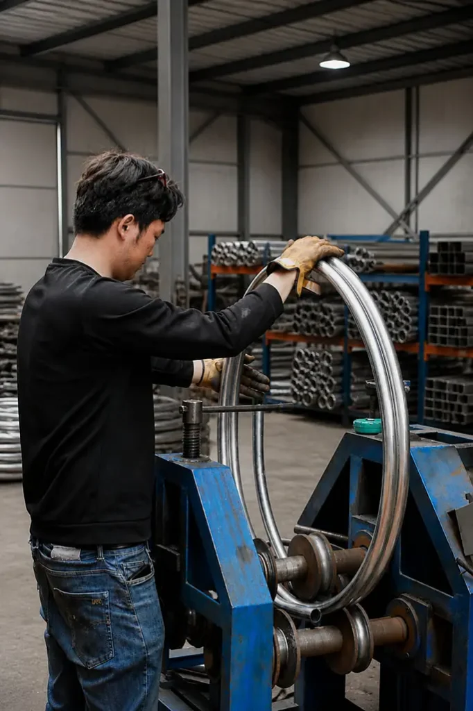 Worker operating a metal bending machine in an indoor playground factory workshop with organized steel pipe materials and industrial equipment.