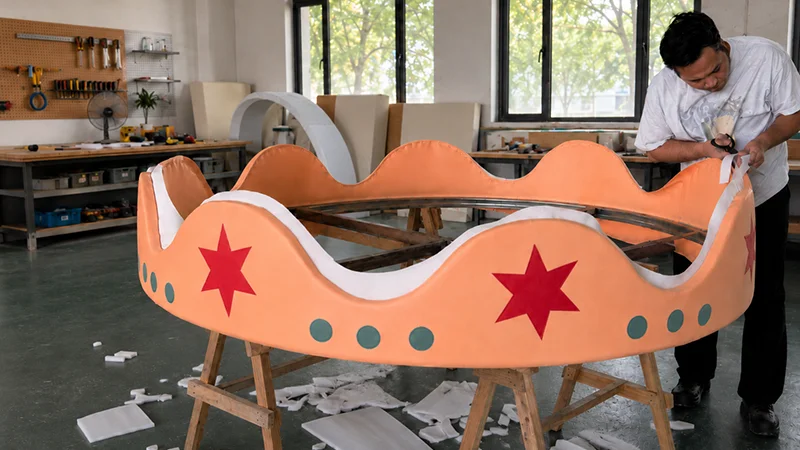 Factory production of a circus-themed indoor playground component at Lebanplay