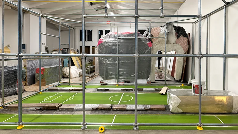 Industrial indoor playground pre-installation in warehouse with assembly grid structure