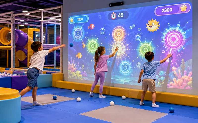 Children playing an interactive projection game on a digital wall in an indoor playground.